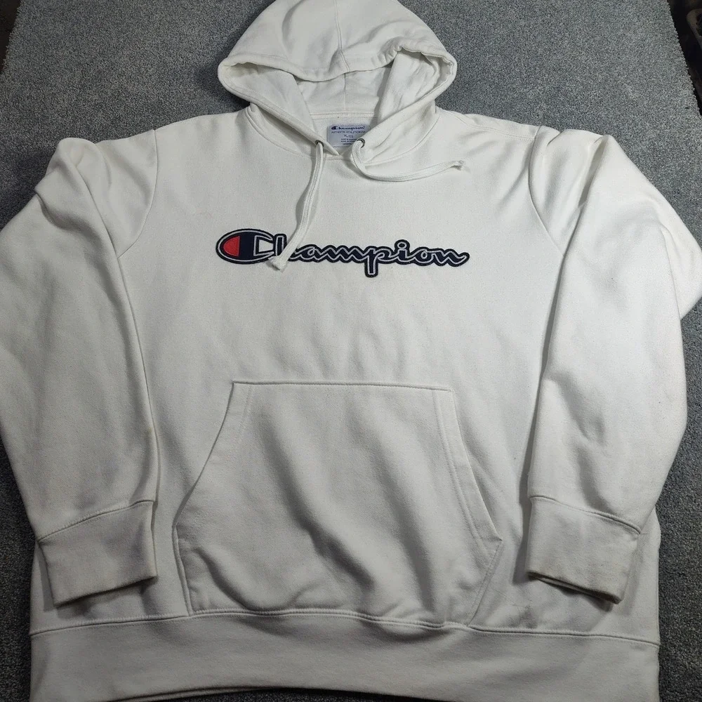 Champion Hoodie Mens XL Powerblend Pullover White Logo Good